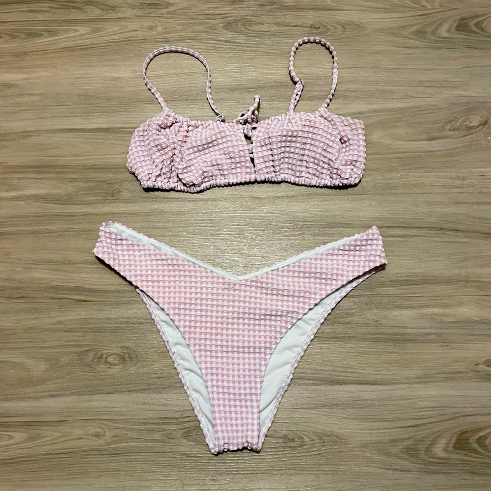 Abercrombie Pink and White Gingham Bikini Top and High Leg Bottoms, size L